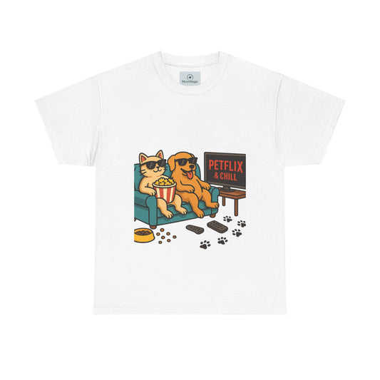 Pet Lovers Unisex Heavy Cotton Tee - 'Petflix & Chill' Graphic Tee